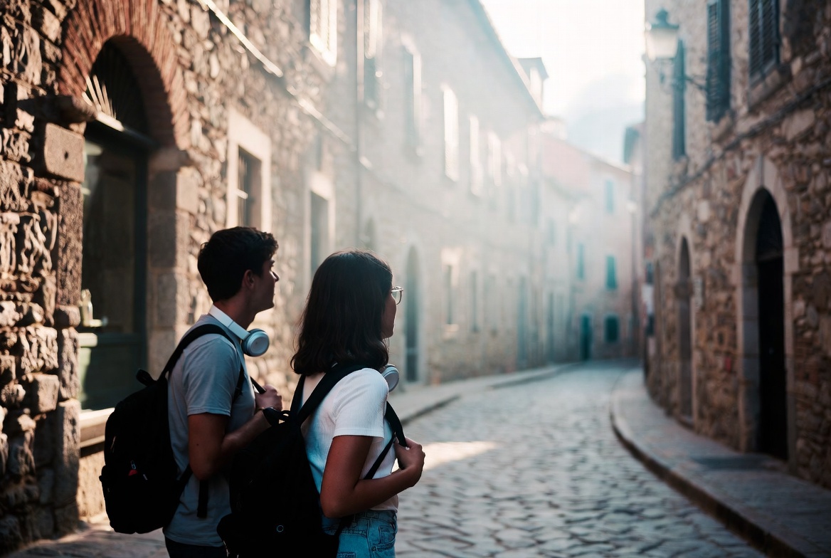 Couple on misty cobblestone alley