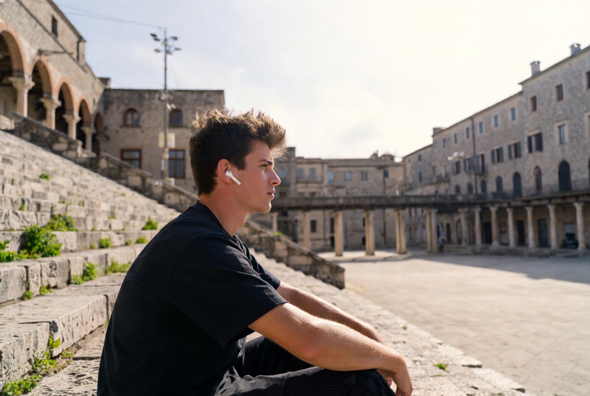 Young man with AirPods on ancient steps