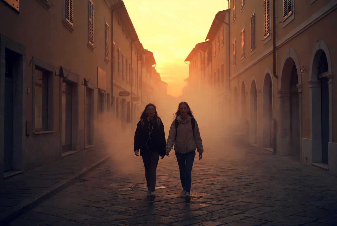 Two travelers walking through golden mist on a cobblestone street