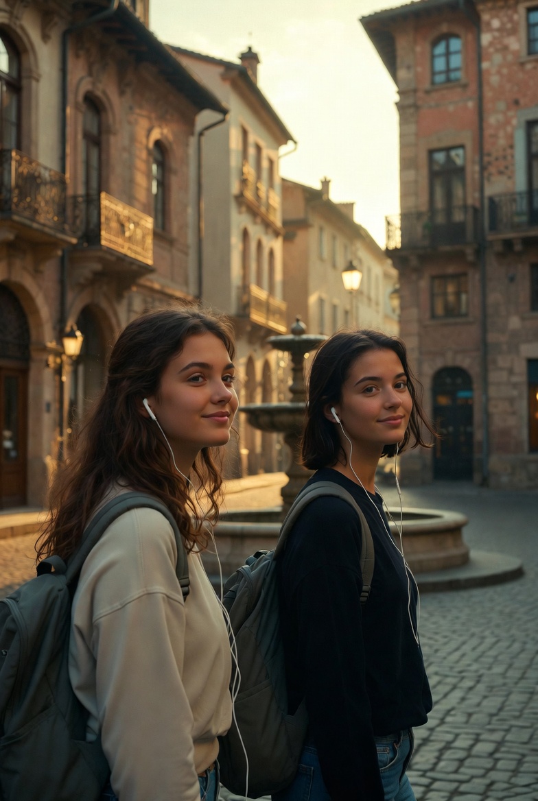 Two women with earbuds at a fountain