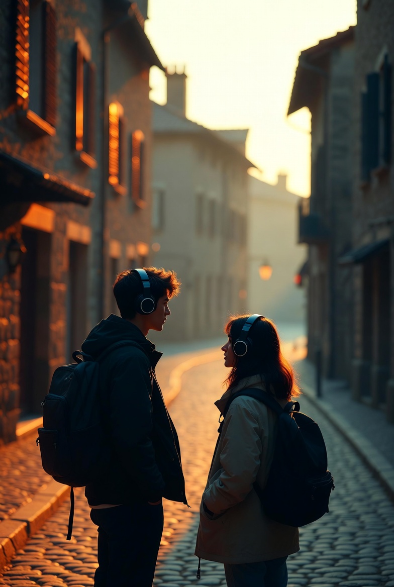 Friends in golden-hour street