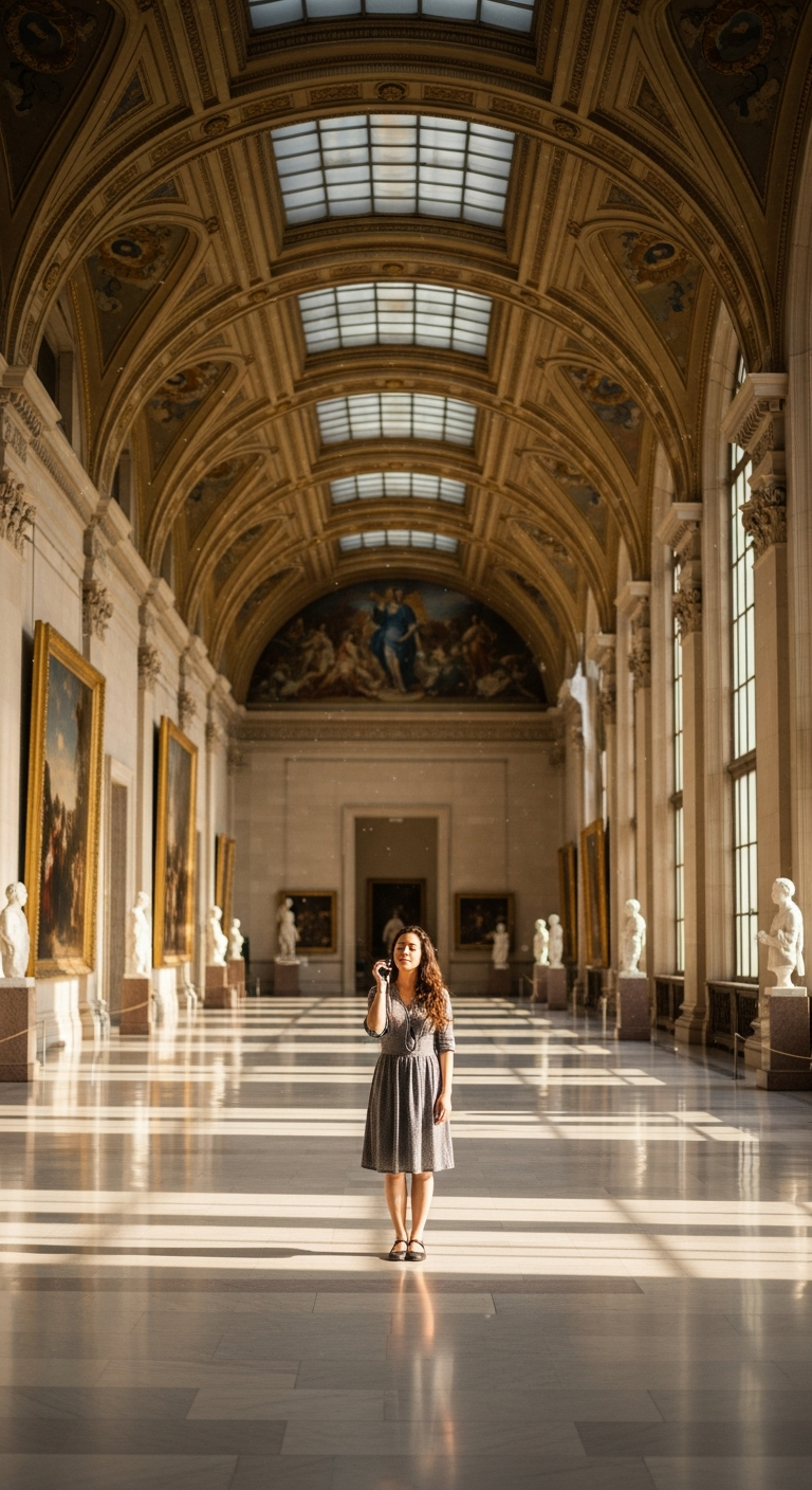 Woman alone in grand museum hall